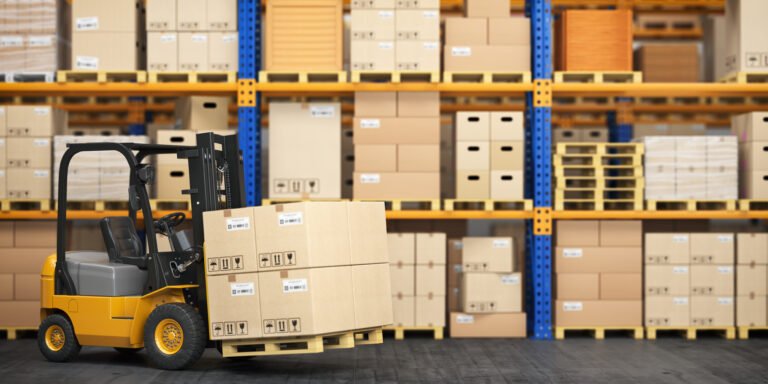 Forklift truck in storage warehouse. Fork lift lifting pallet with cardboard boxes. 3d illustration