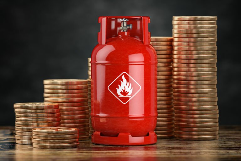 Gas bottle and stack of coins. Growth of price of LPG propane gas concept. 3d illustration