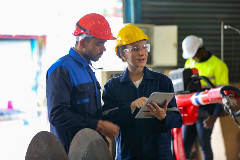 engineer checking control panel and teaching new Automatics robot arm and operating control machine in factory.