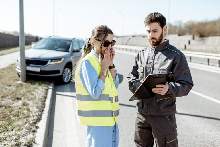 Woman with road assistance worker signing some documents standing near the car in road accident on the highway